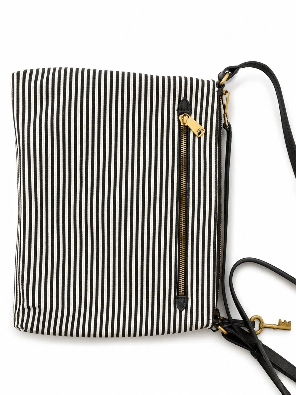 Fossil Black-and-White Striped Canvas Crossbody with Brown Leather Pocket